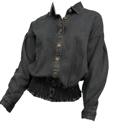 Black Denim Jacket with Gathered Bottom