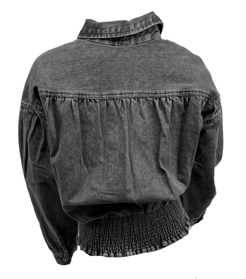 Black Denim Jacket with Gathered Bottom