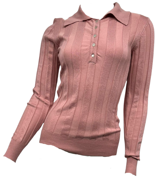 Pink Wide Ribbed Collared Top