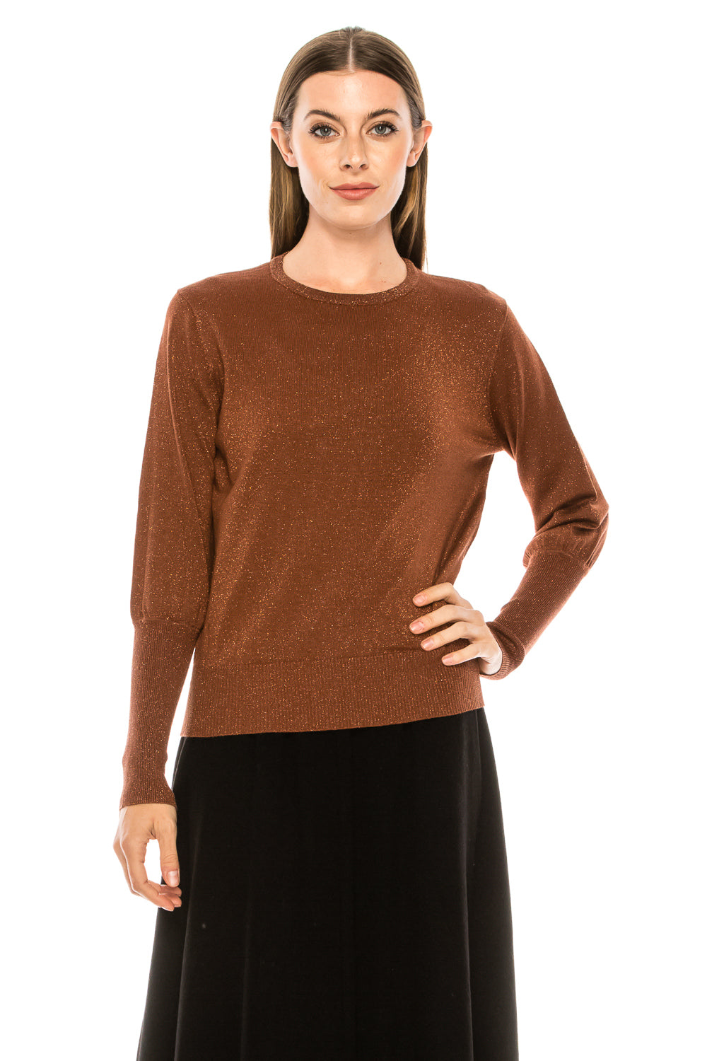 Rust Solid Shimmer Ribbed Sleeve Sweater