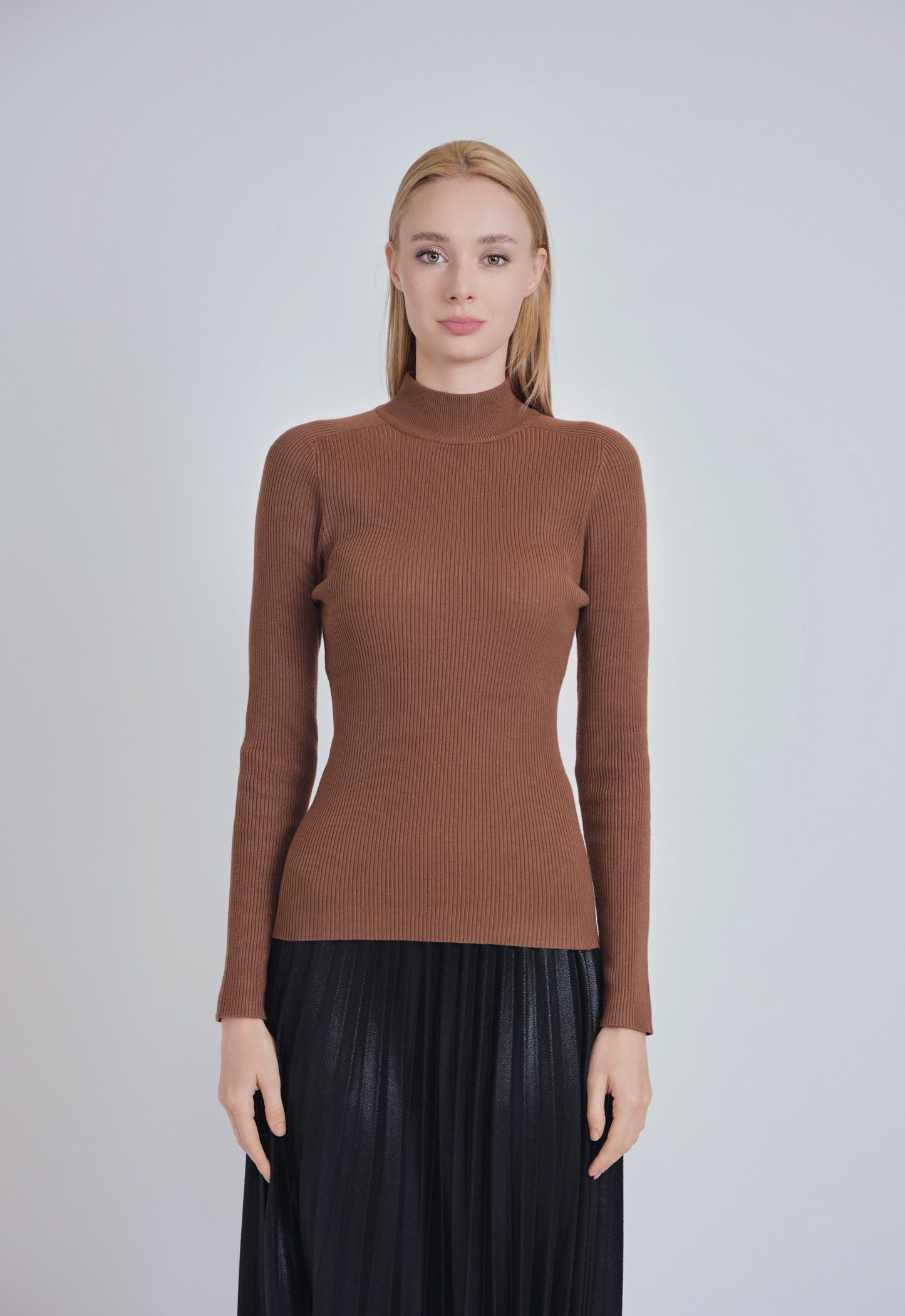 Brown Ribbed Mock Neck Top