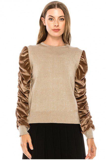 Brown Velvet Rouched Woven Sleeve Shimmer Sweater