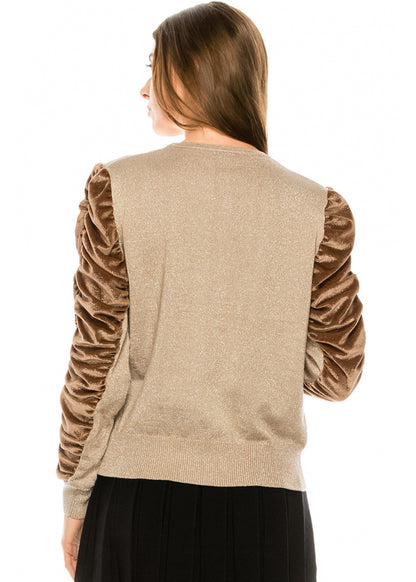 Brown Velvet Rouched Woven Sleeve Shimmer Sweater