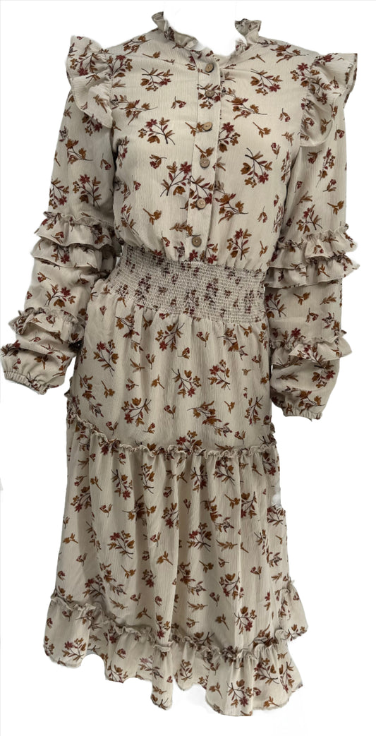 Cream Floral Smock Waisted Dress