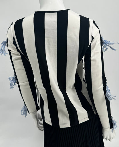 Black and White Striped Top with Blue Bows