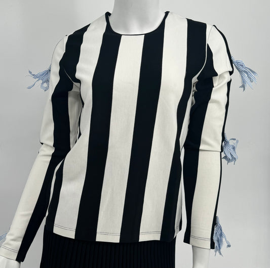 Black and White Striped Top with Blue Bows