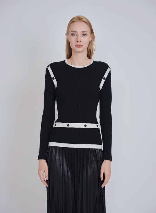 Black Ribbed Sweater with White Detail