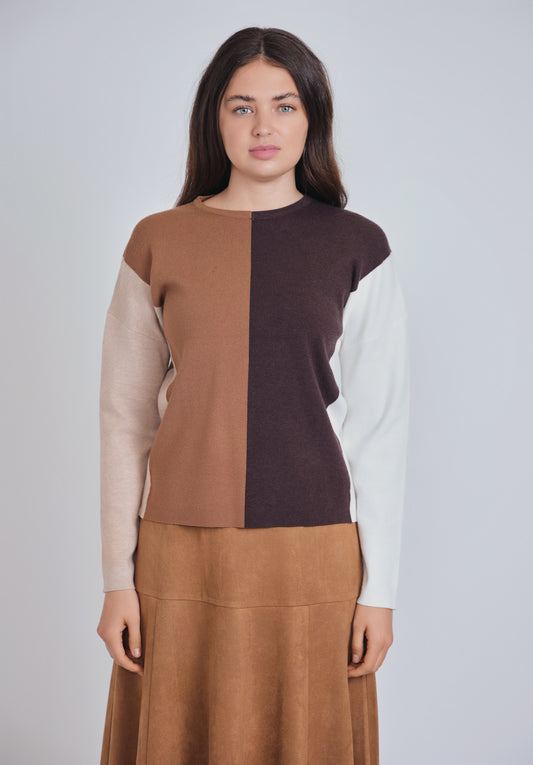 Neutral Brown Color Block Top