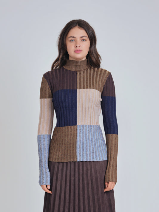 Brown and Blue Color Block Sweater