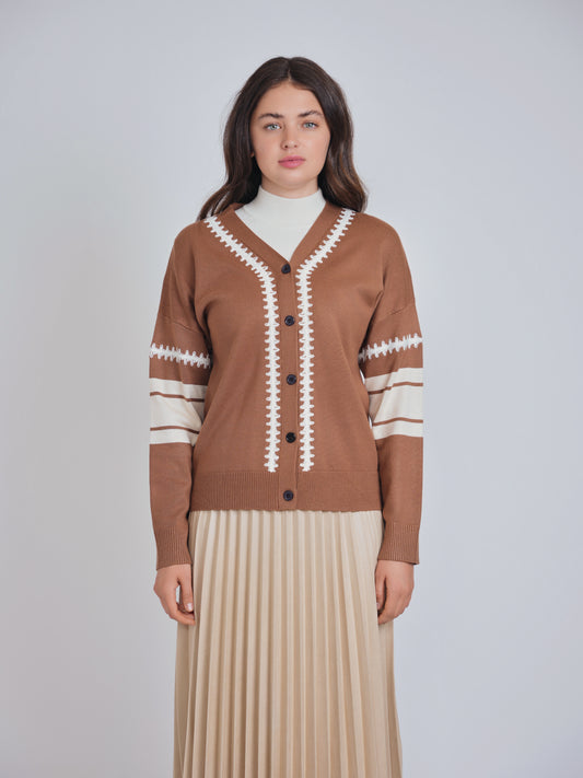 Brown Cardigan with White Detail