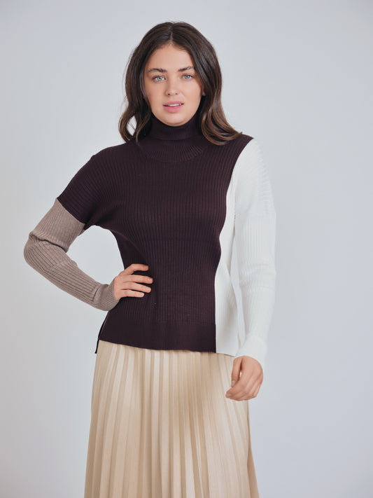 Brown and White Color Block Ribbed Turtleneck