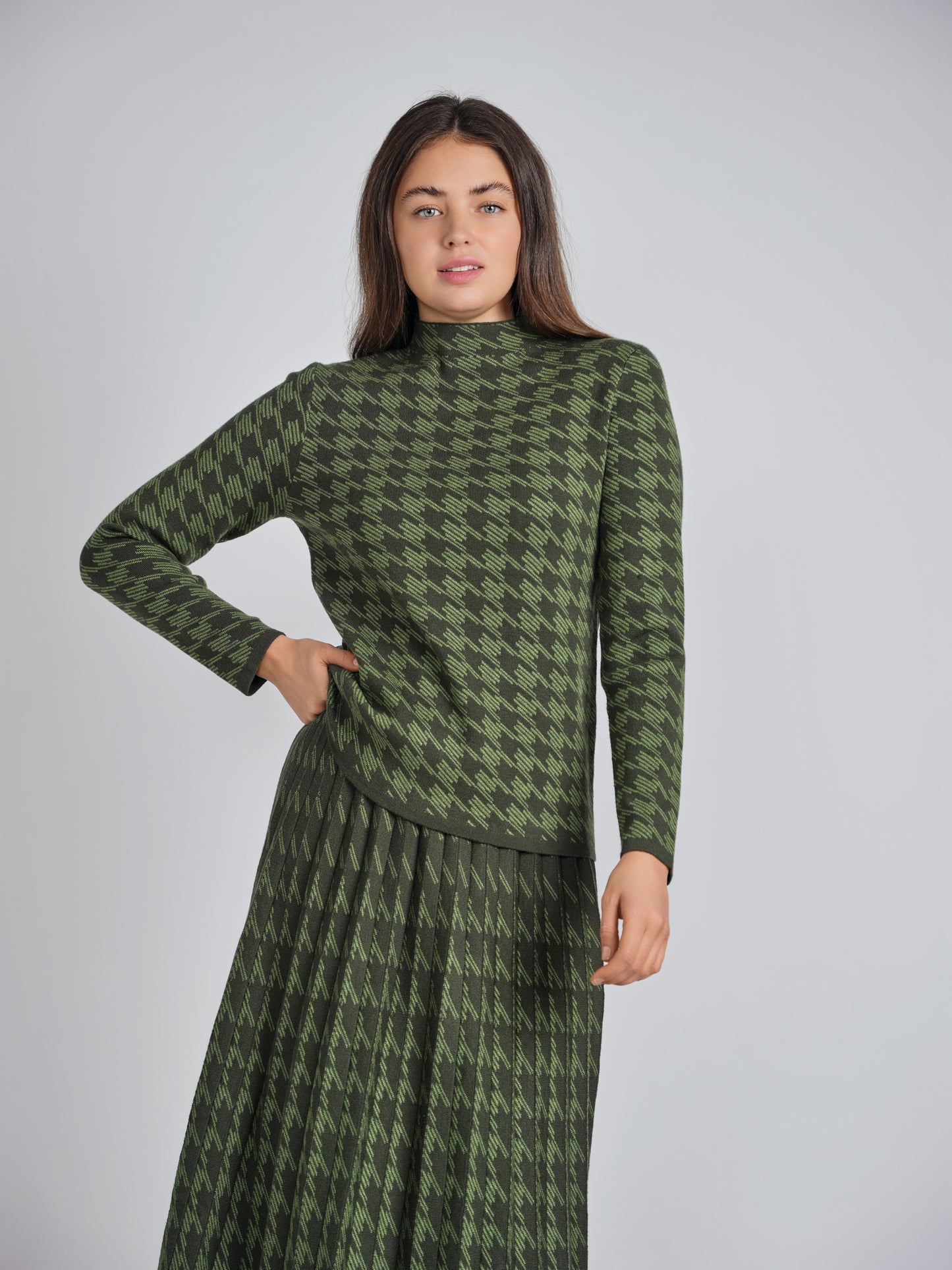 Green Houndstooth Mock Neck Sweater.