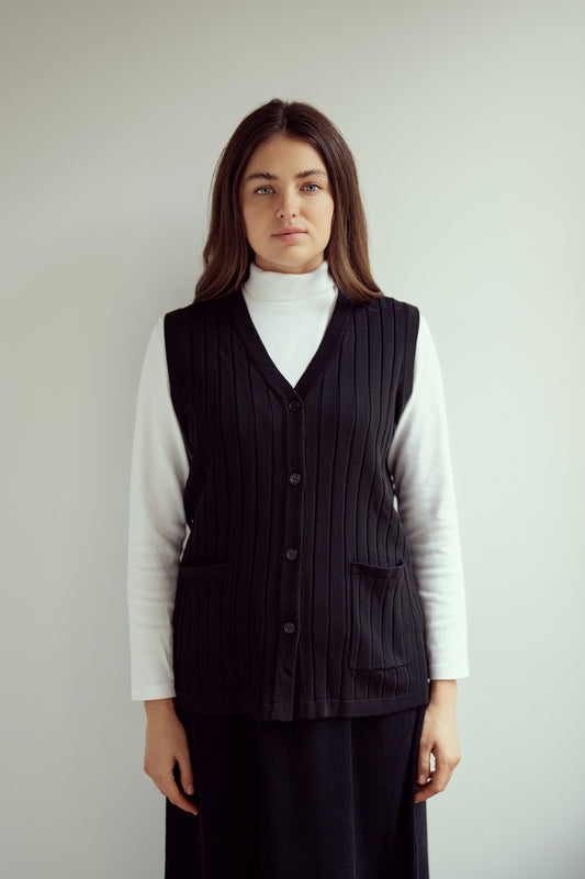 Black Sleeveless Ribbed Vest