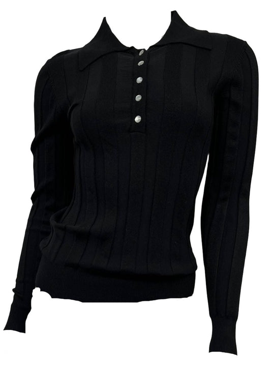 Black Wide Ribbed Collared Top