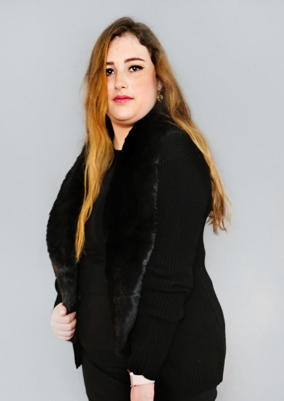 Black Knit Cardigan with Fur Collar