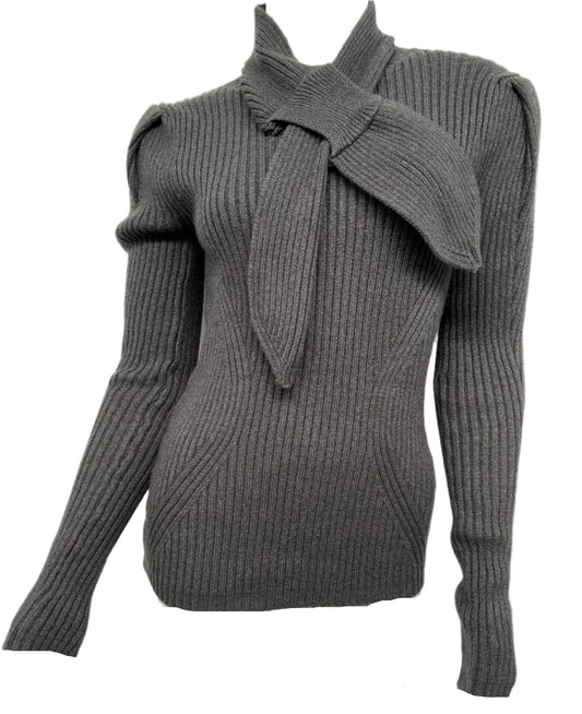 Grey Chunky Knit Bow Top