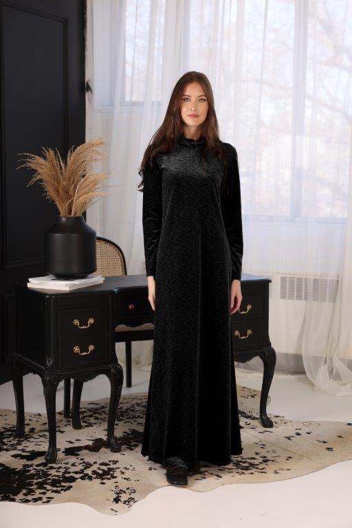 Velour Maxi Dress with Turtleneck and Side Zips - Black