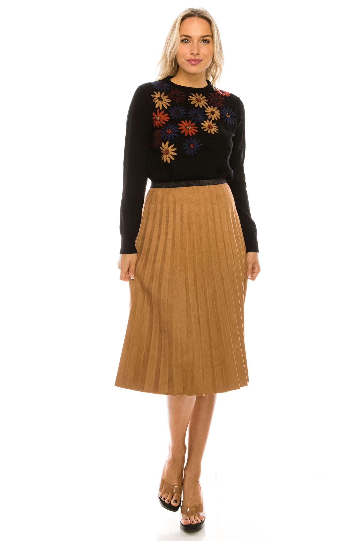 Camel Suede Pleated Skirt Shimmer Waist