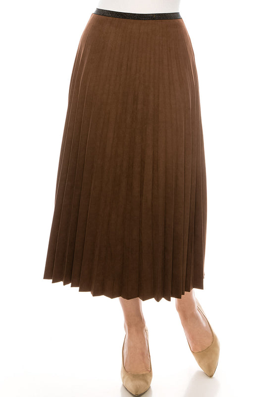 Brown Leather Pleated Midi Skirt