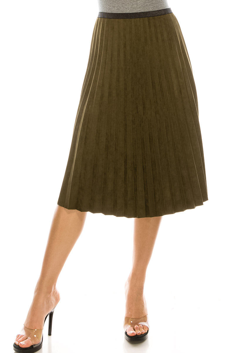 Olive Suede Pleated Skirt Shimmer Waist