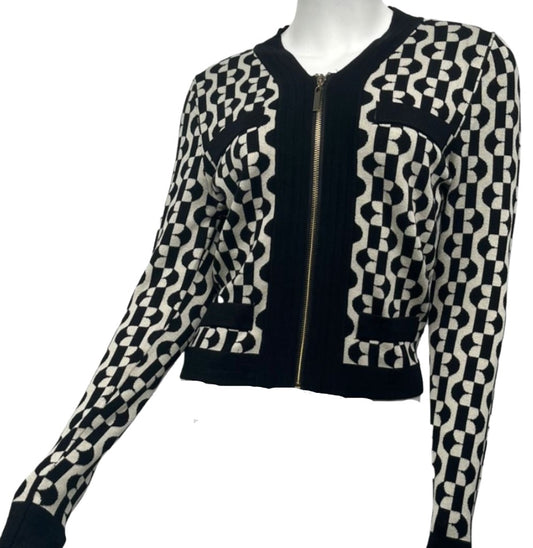 Black and Beige Pattern Zip Top