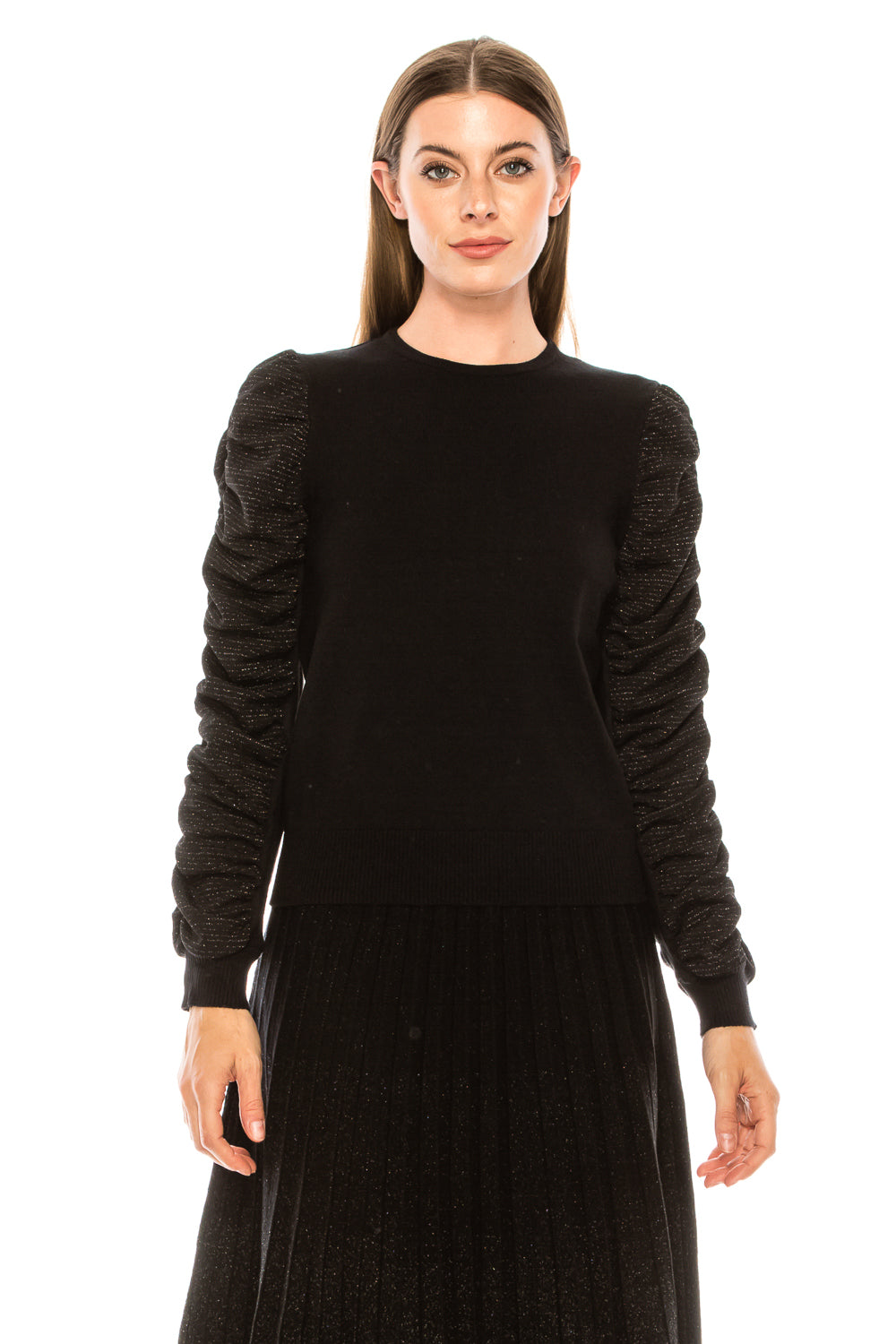Black Lurex Rouched Sleeve Sweater