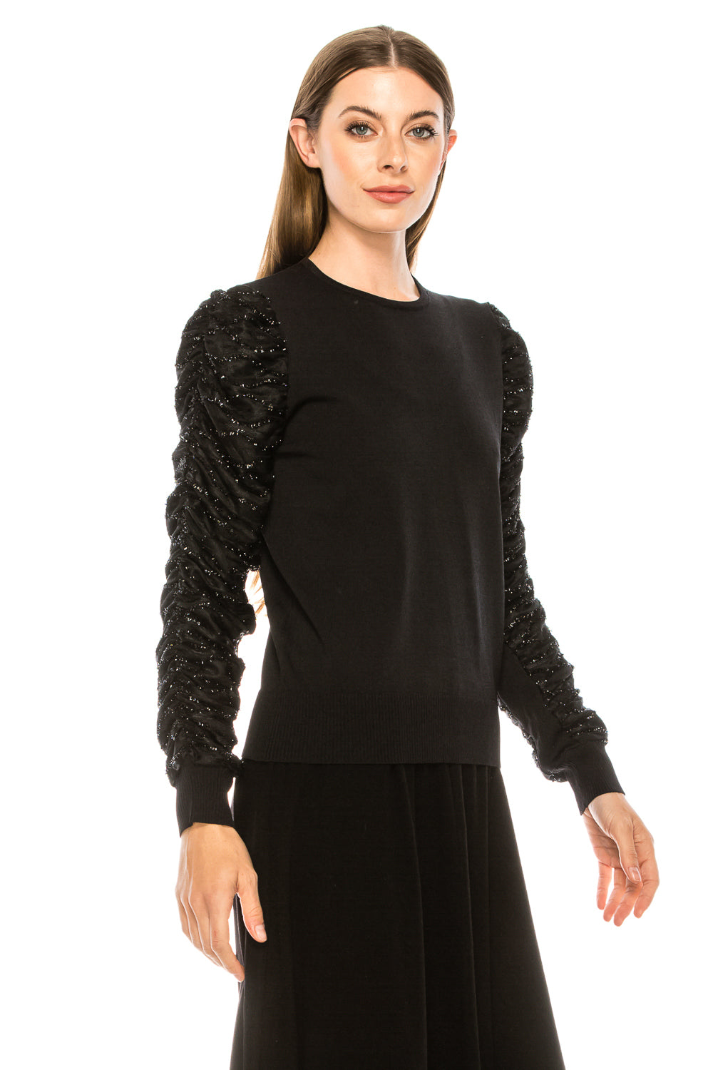 Black Sequin Rouched Dressy Sleeve Sweater