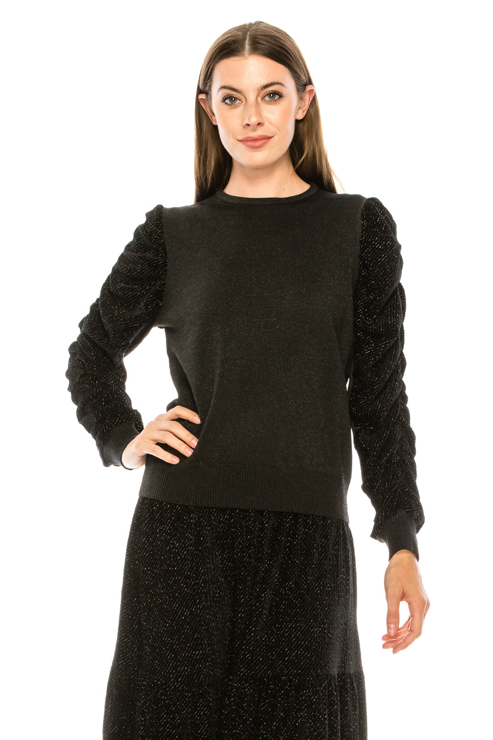 Black Shimmer Velvet Rouched Sleeve Sweater