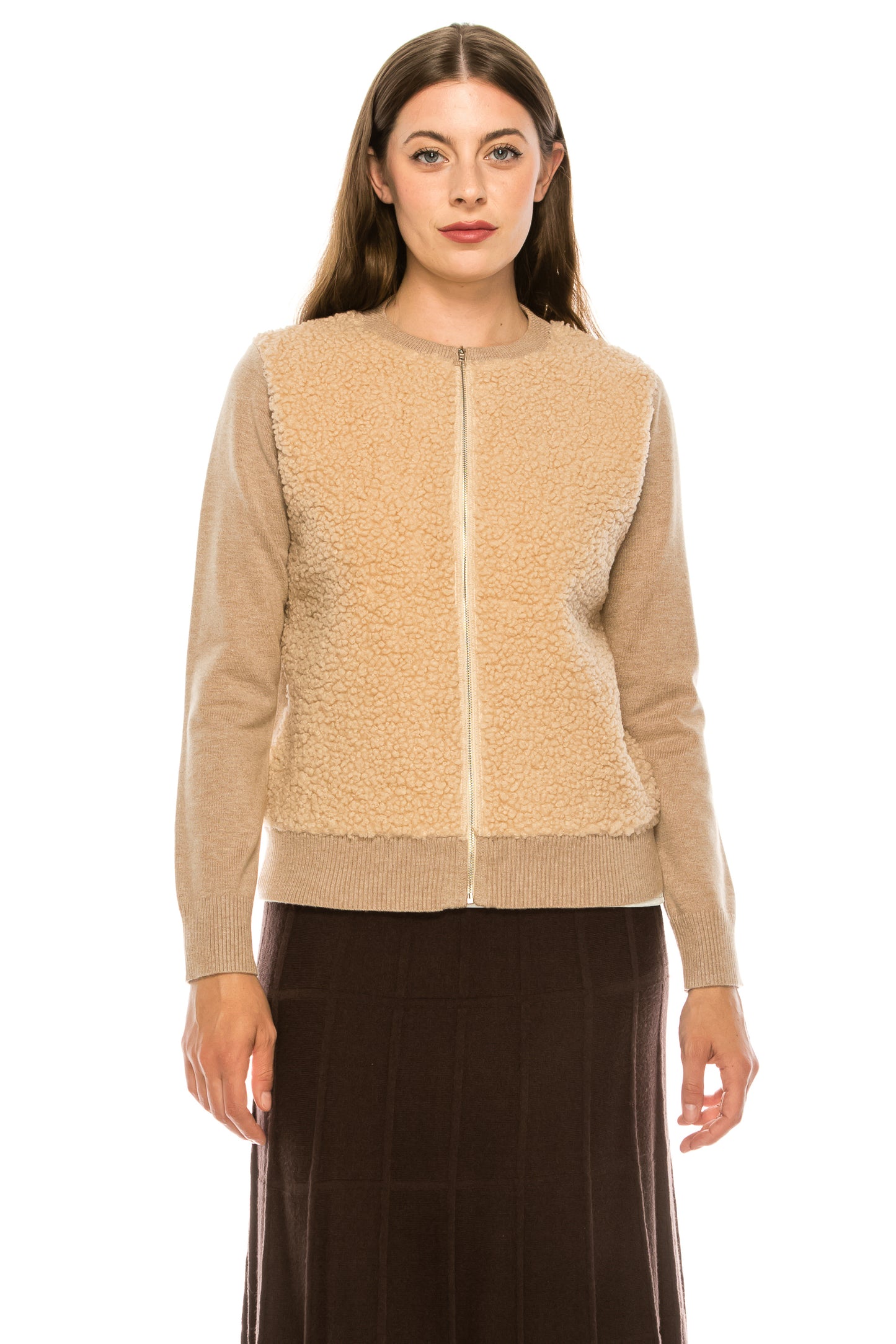 Teddy Fabric Zip Up Sweater - Beige