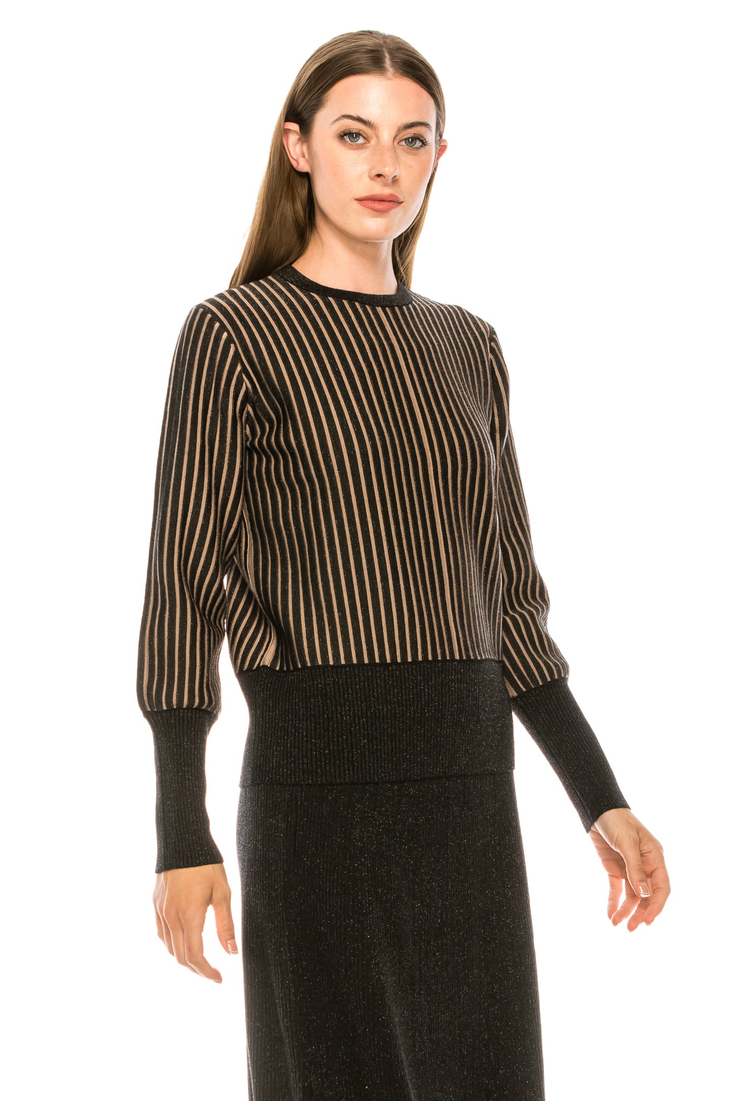 Black Two Tone Stripe Shimmer Sweater
