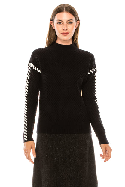 Black Indented Knit Lace Sleeve Sweater