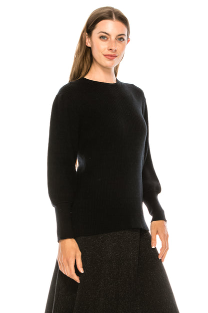 Black Ribbed Solid Crew Sweater