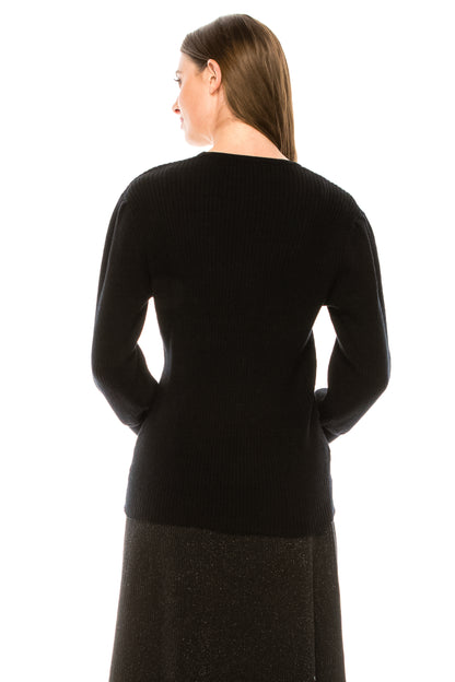 Black Ribbed Solid Crew Sweater