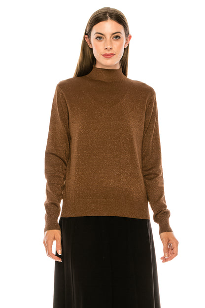 Brown Shimmer Solid Mock Neck Sweater