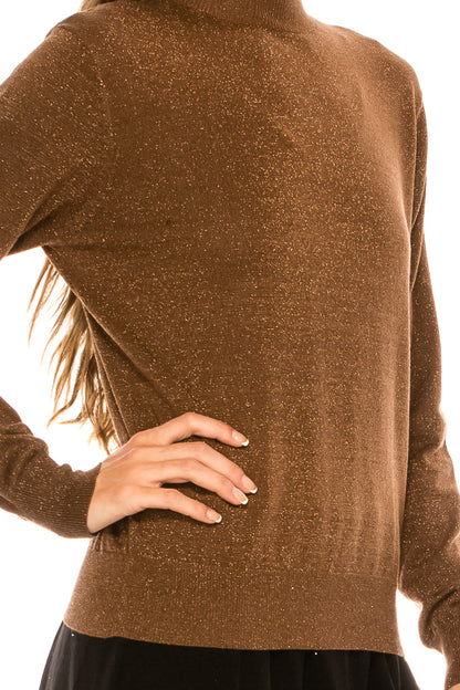 Brown Shimmer Solid Mock Neck Sweater