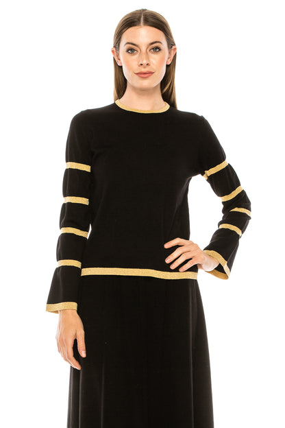 Black Shimmer Stripe Bell Sleeve Sweater