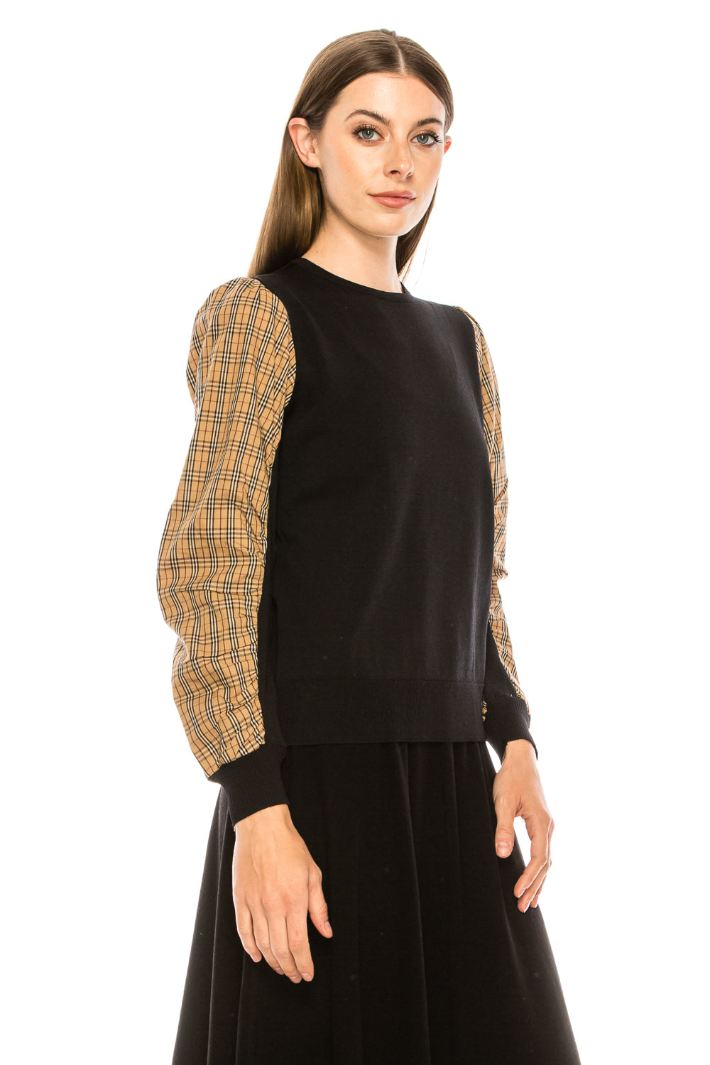 Black Plaid Insert Sleeve Sweater