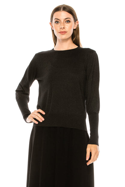 Black Solid Shimmer Ribbed Sleeve Sweater