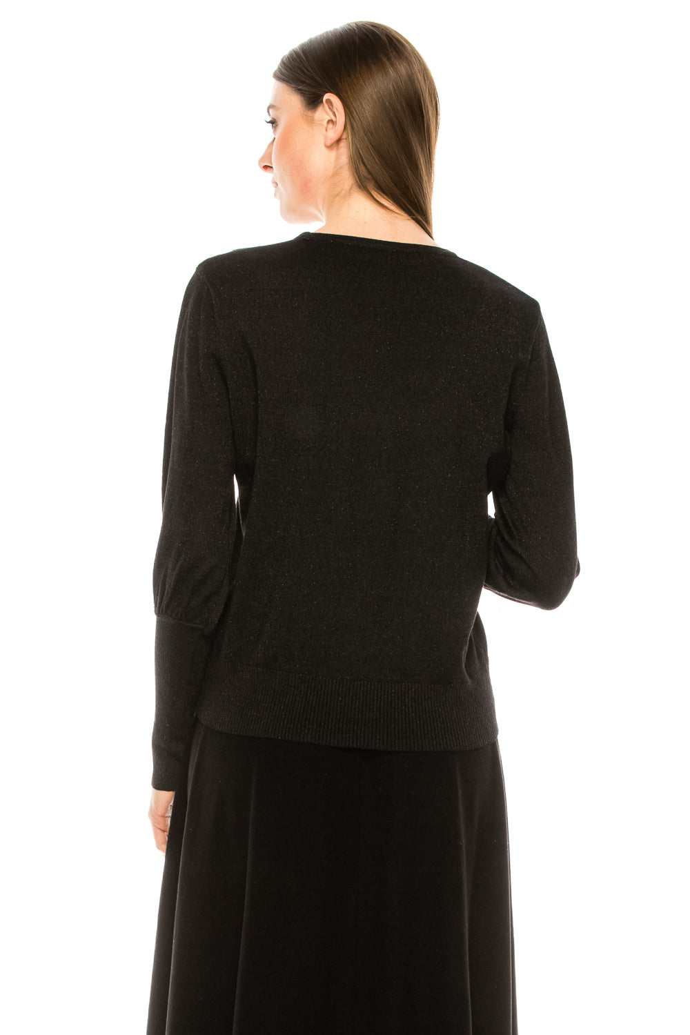 Black Solid Shimmer Ribbed Sleeve Sweater