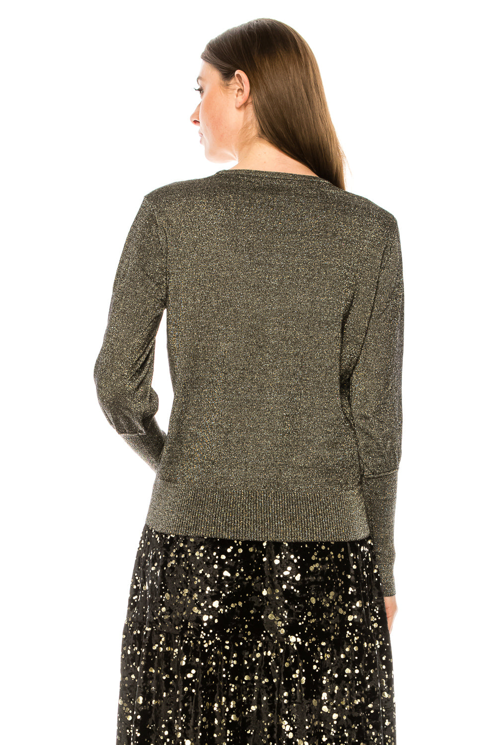 Gold Solid Shimmer Ribbed Sleeve Sweater