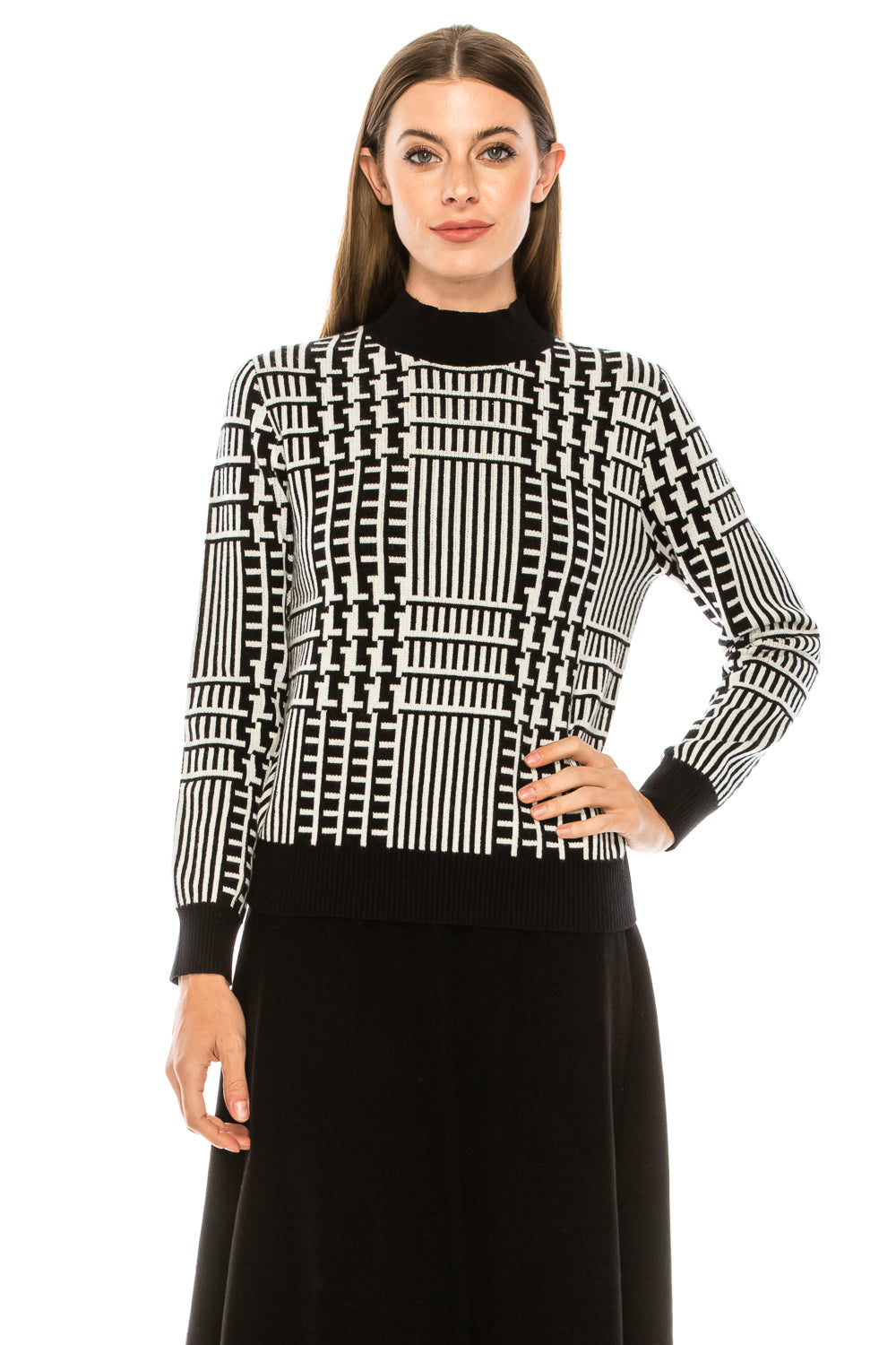 Black Multi Pattern Stripe Mock Sweater