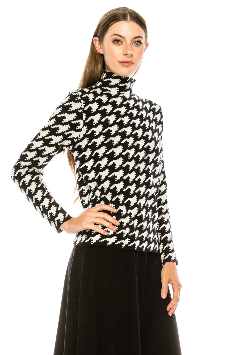 Black All Over Houndstooth Print Mock Sweater