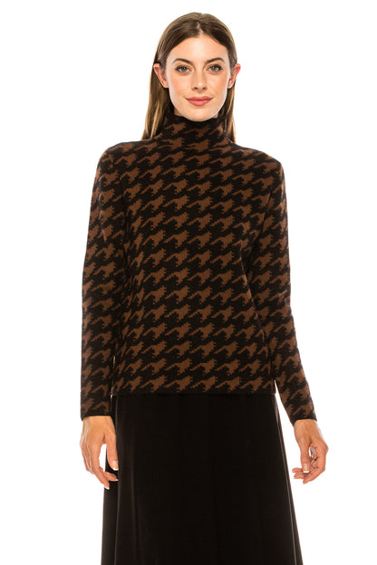 Camel All Over Houndstooth Print Mock Sweater