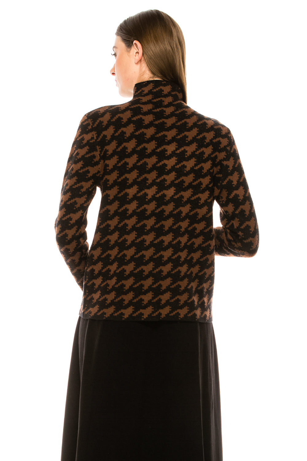 Camel All Over Houndstooth Print Mock Sweater