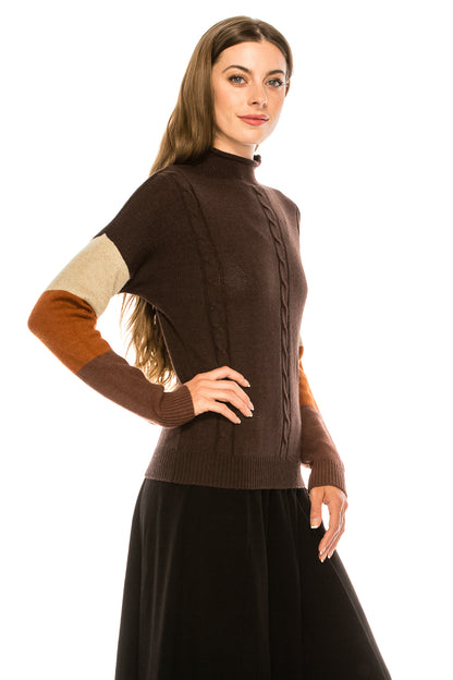 Brown Color Block Sleeve Mock Sweater