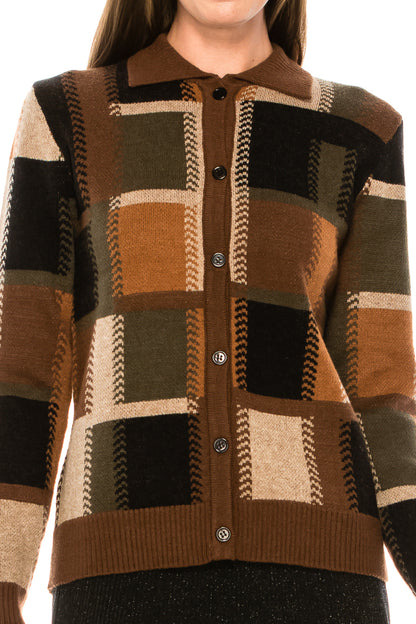 Brown Multi Color Block Printed Collar Cardigan