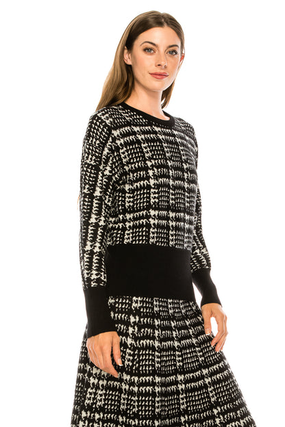 Black Houndstooth Printed Pullover Solid Cuff
