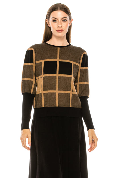 Camel Square Detail Print Ribbed Cuff Sweater