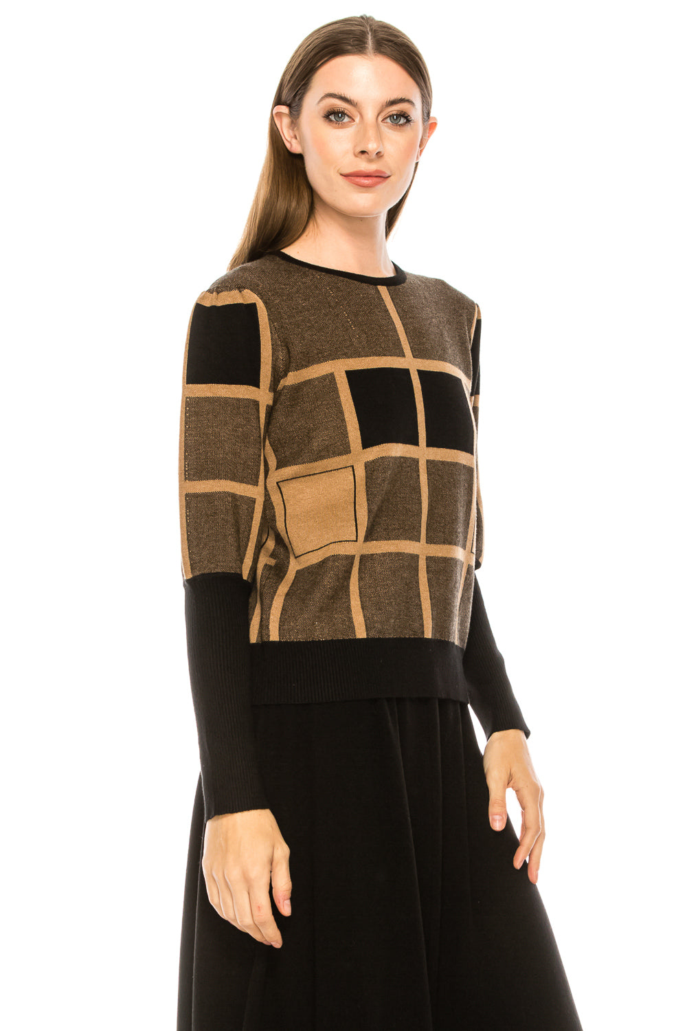 Camel Square Detail Print Ribbed Cuff Sweater