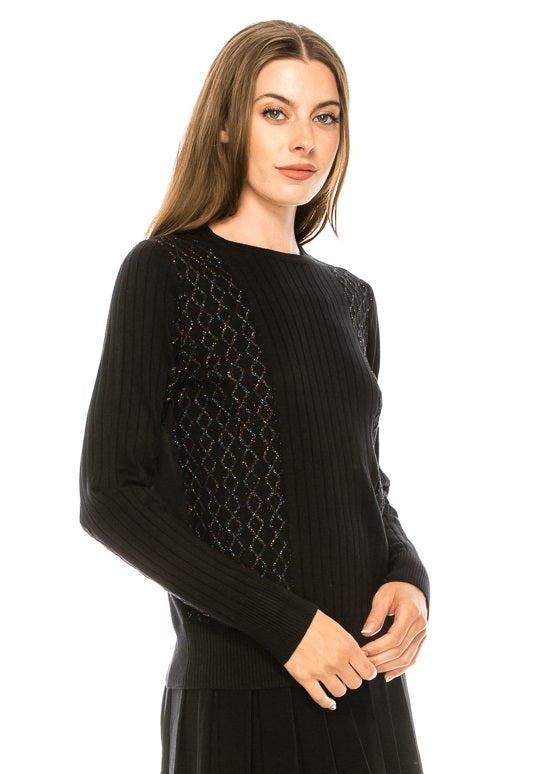 Black Color Shimmer Front Stripe Detail Sweater